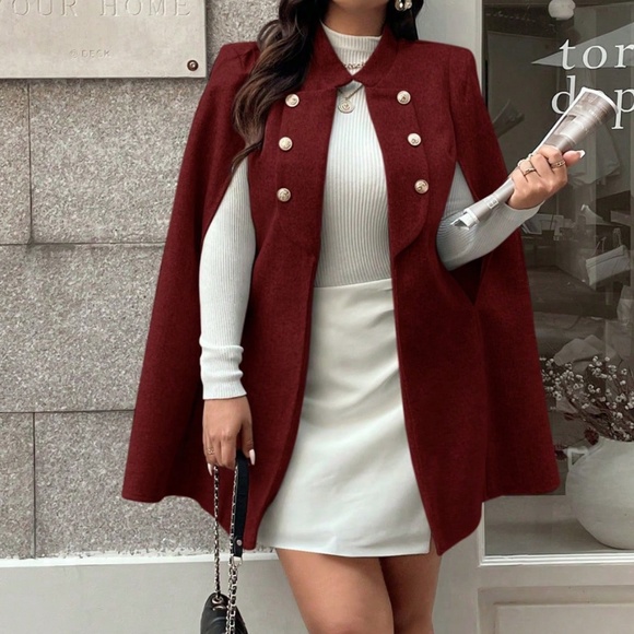 Plus Solid Button Detail Cape Jacket Coat - Picture 10 of 10